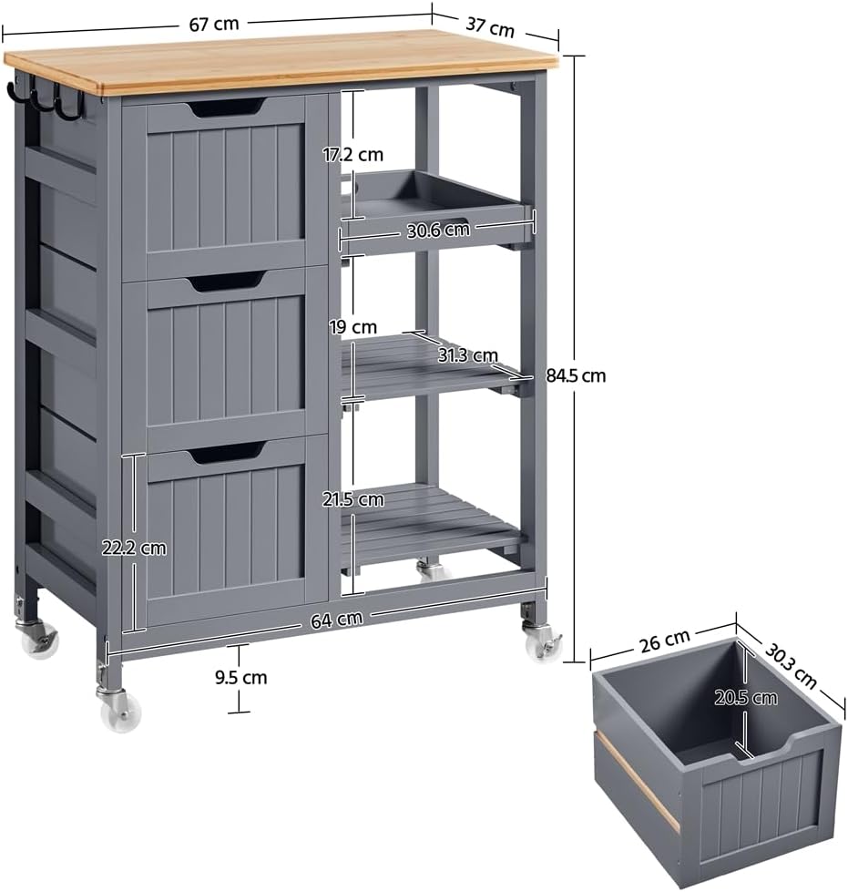 Detalle de Yaheetech Carrello Cucina 67x37x84,5 cm con Ruote e 3 Ripiani/3 Cassetti: versatile e salvaspazio