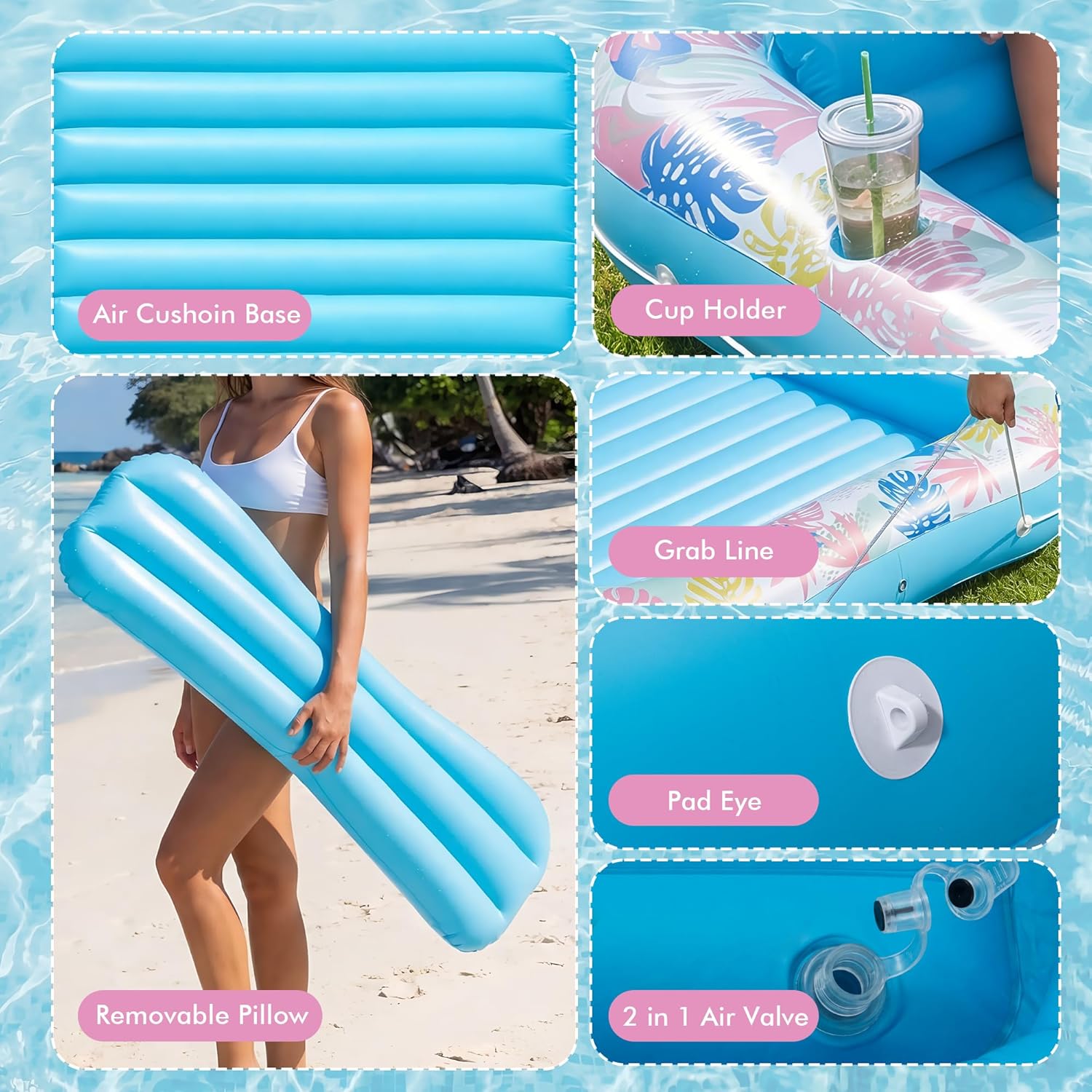 Thumbnail 6 de OKSUWATER Tanning Pool Lounger Float (87" x 63", Blue, XL) with Headrest, Cup Holder, and Heavy-Duty Design