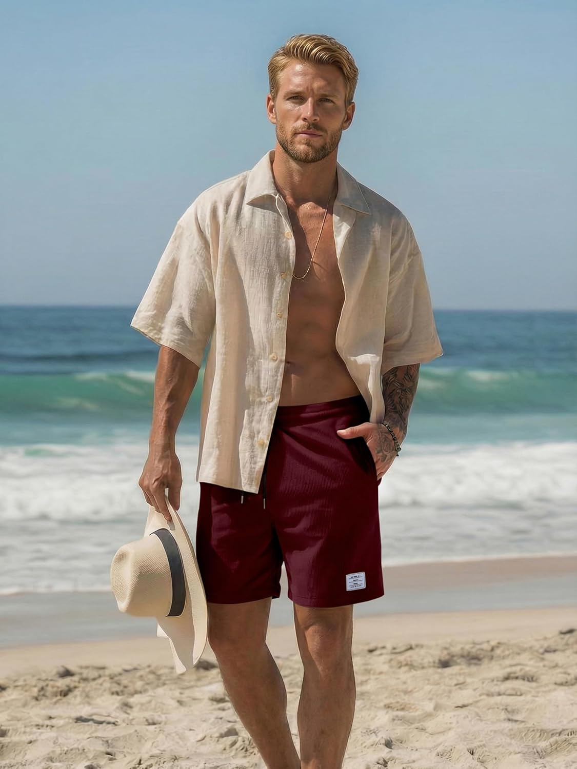 Detalle de JMIERR Corduroy Shorts Herren – Sommer-Leinen-Look, Elastischer Bund mit Taschen (Größen S–3XL)