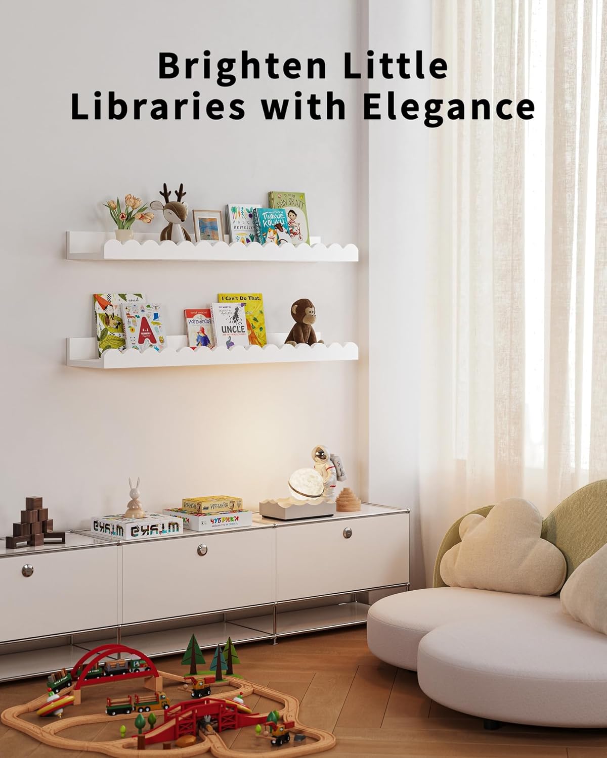 Thumbnail 4 de Shario Nursery Book Shelves 4-Pack White Floating Scalloped Wall Shelves for Kids