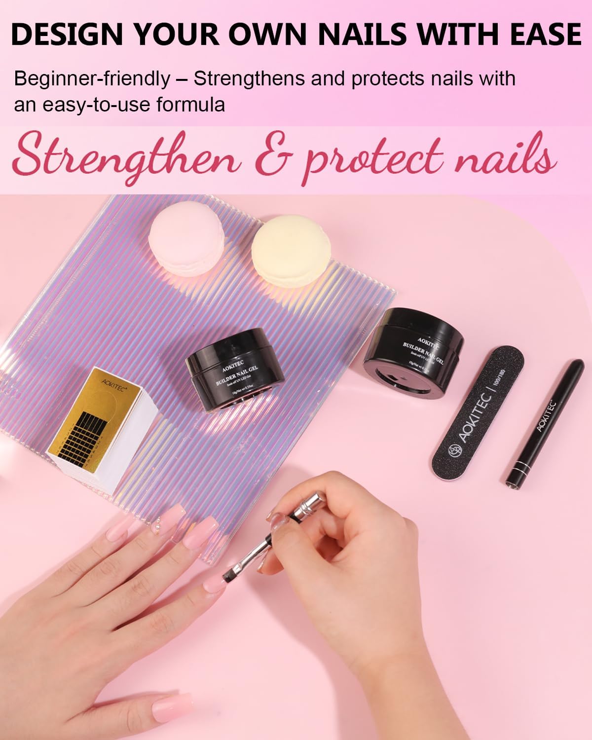 Thumbnail 6 de Aokitec Pink Nude Builder Hard Gel Kit met nagelvormen en penseel