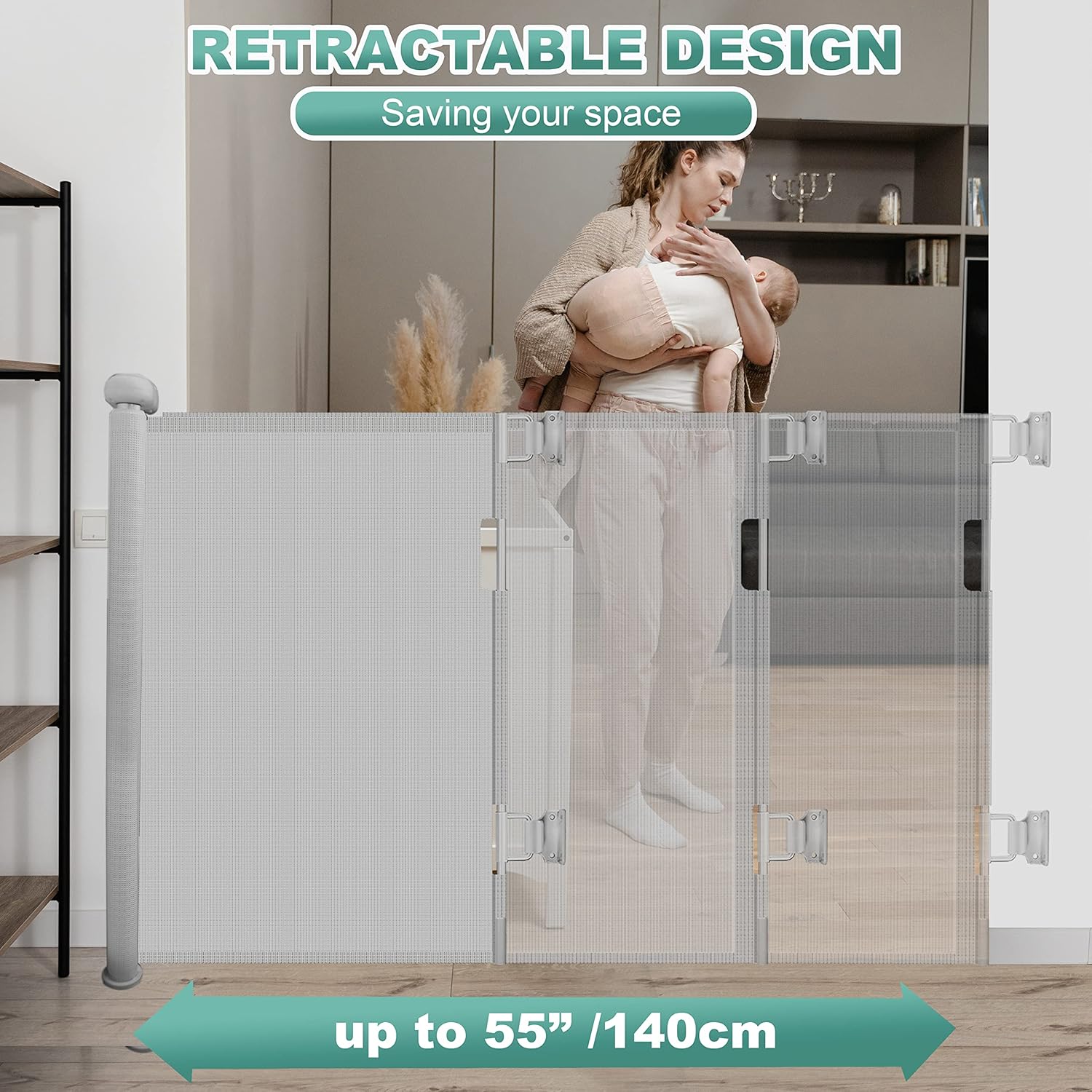 Thumbnail 1 de Retractable Stair Gate (Upgraded, 140cm) – one-hand operation safety gate for baby & dogs, grey