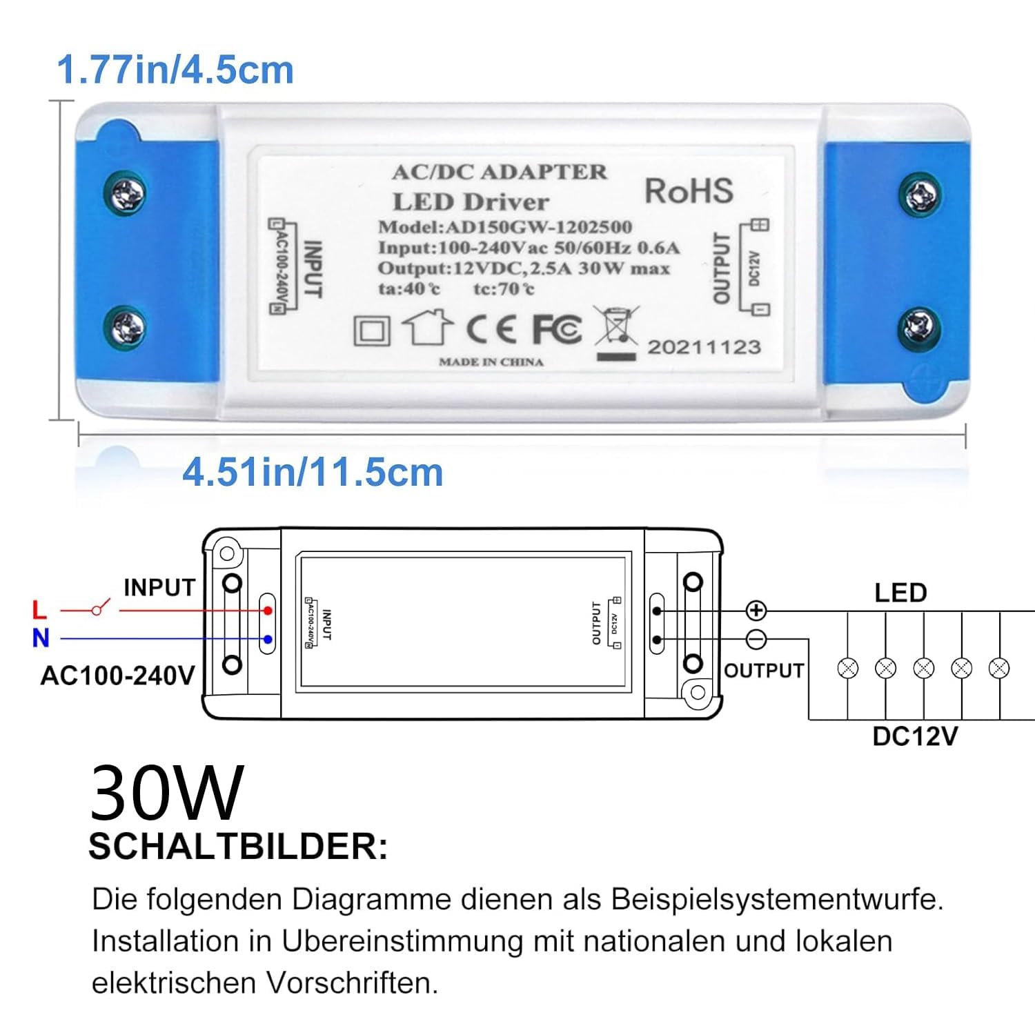 Thumbnail 1 de LED Transformer 30W 12V LED Driver Adapter (AC 240V to DC) – 30W, 2.5A, Non-Dimmable for UK/Europe
