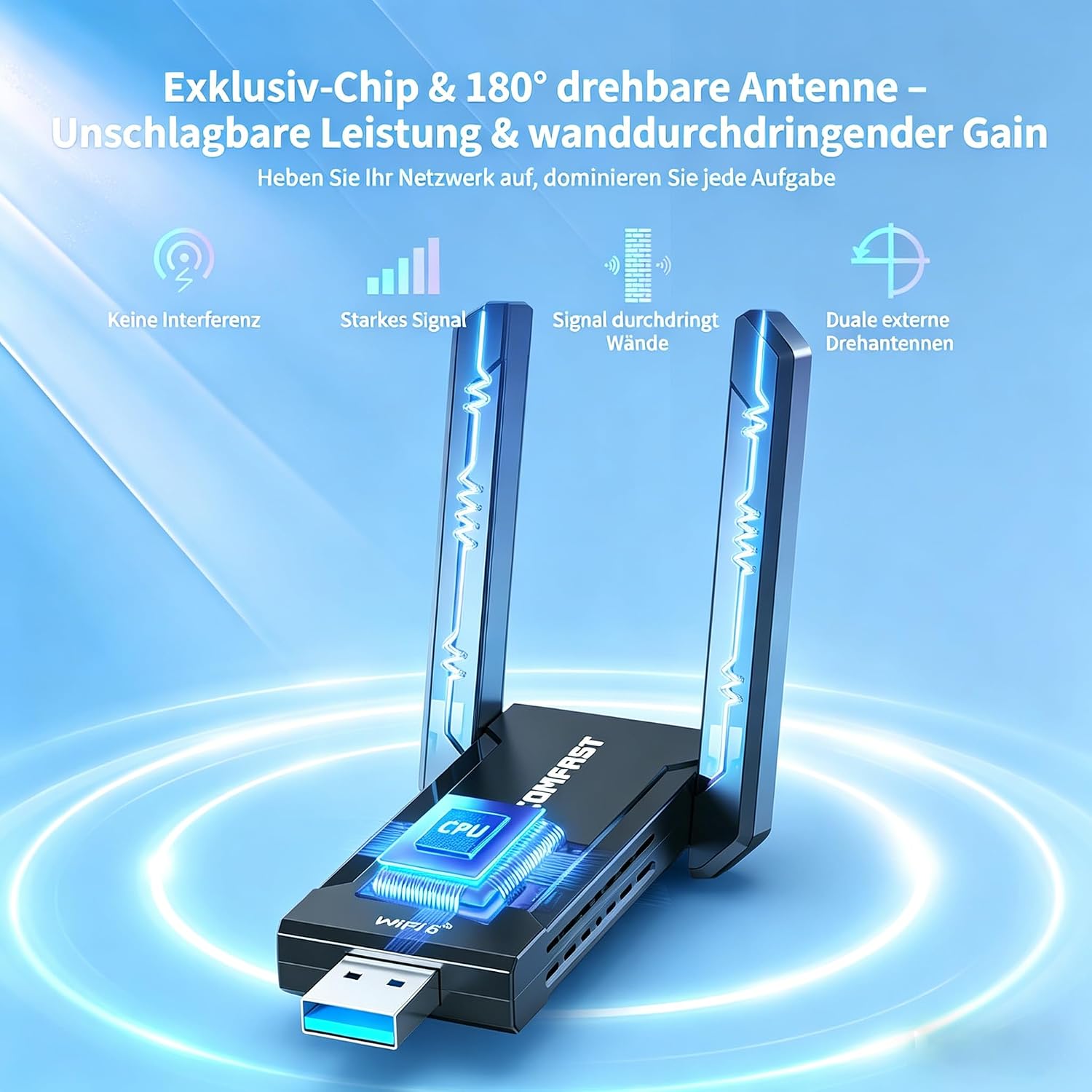 Detalle de COMFAST WLAN Stick USB WLAN Adapter 5400 Mbit/s WiFi 6 – USB 3.0 Dongle mit Hochgewinn-Antennen