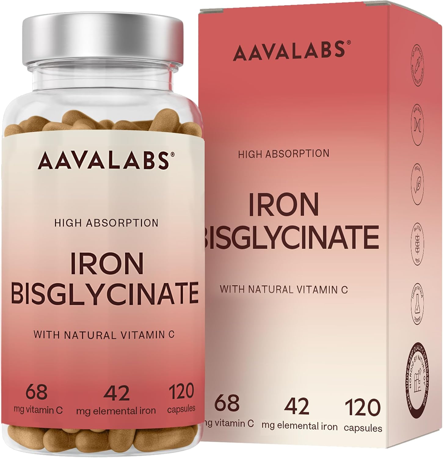 Detalle de AAVALABS ijzercapsules met bisglycinaat, natuurlijke vitamine C en 42 mg ijzer