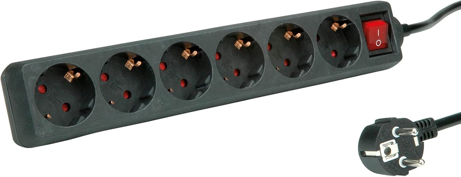 Detalle de ROLINE grenuttag med 3 uttag, 2 USB-portar och 6 m kabel