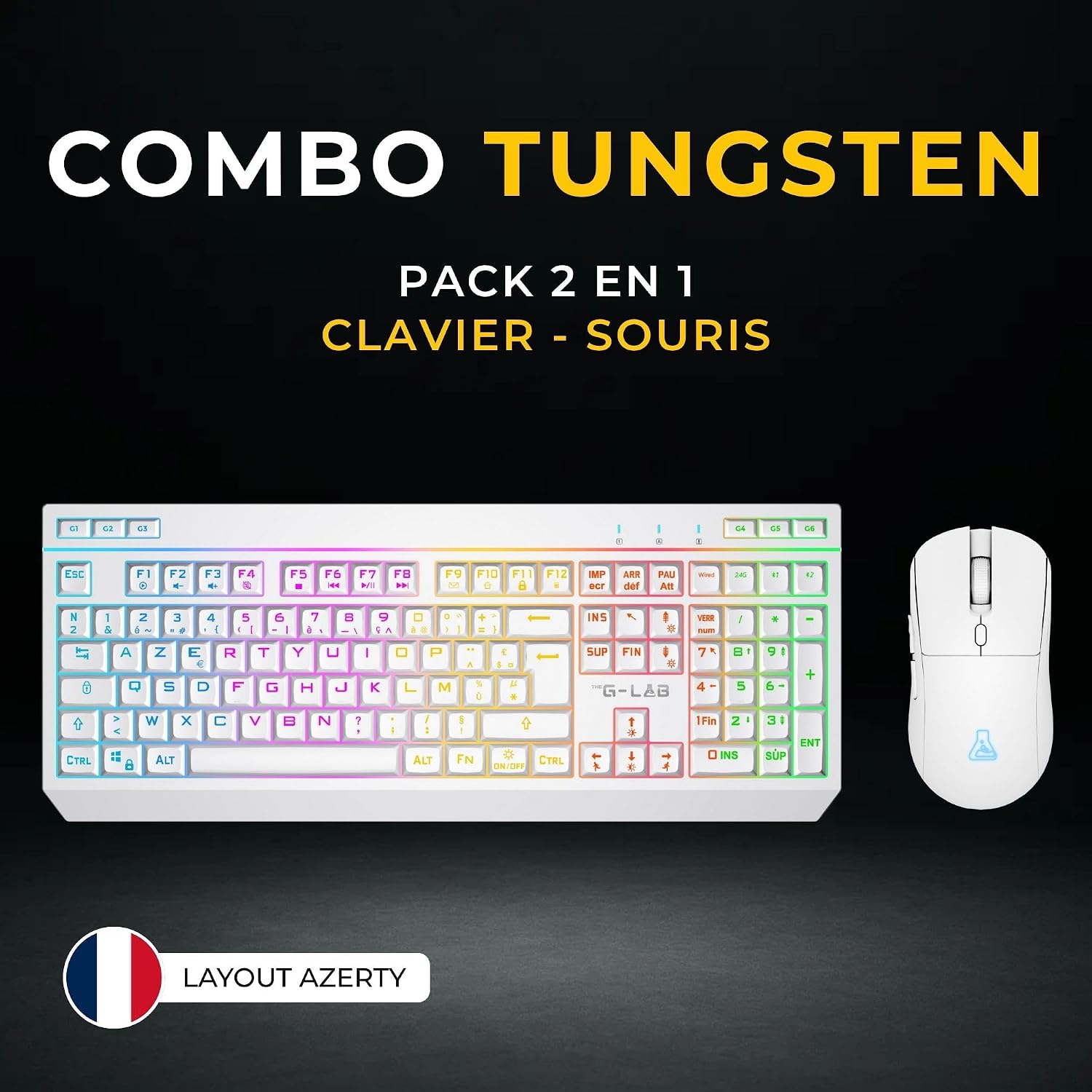 Detalle de The G-Lab Combo Tungsten EX : pack clavier souris Triple Connexion (2,4 GHz / Bluetooth / filaire) AZERTY FR RGB & macros + souris 6400 DPI (blanc)