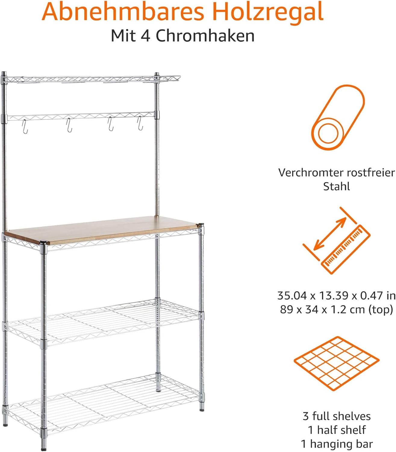 Detalle 2 de Amazon Basics Küchenregal 3 Regale – Holz/Chromfarben, 161 cm Höhe, Traglast 190,5 kg