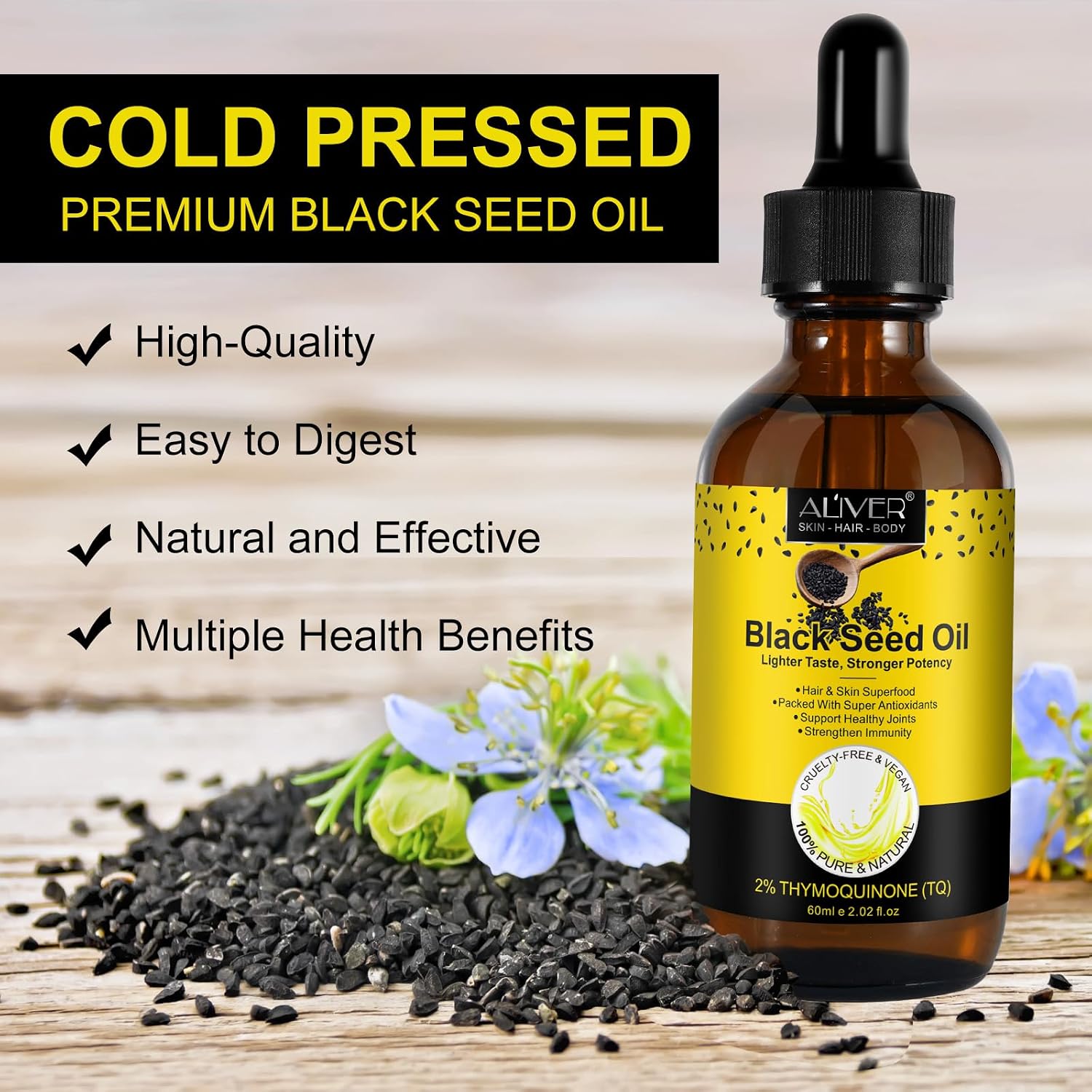Detalle 2 de Valleylux Black Seed Oil, 60 mL Cold-Pressed Carrier Oil with Glass Dropper