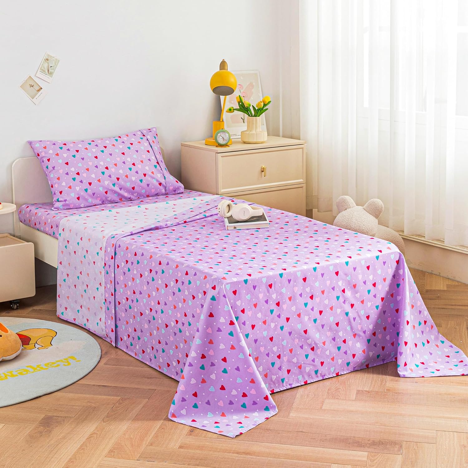 Detalle de Viviland Kids Twin Microfibre Sheet Set, Purple Hearts Print, 3-Piece