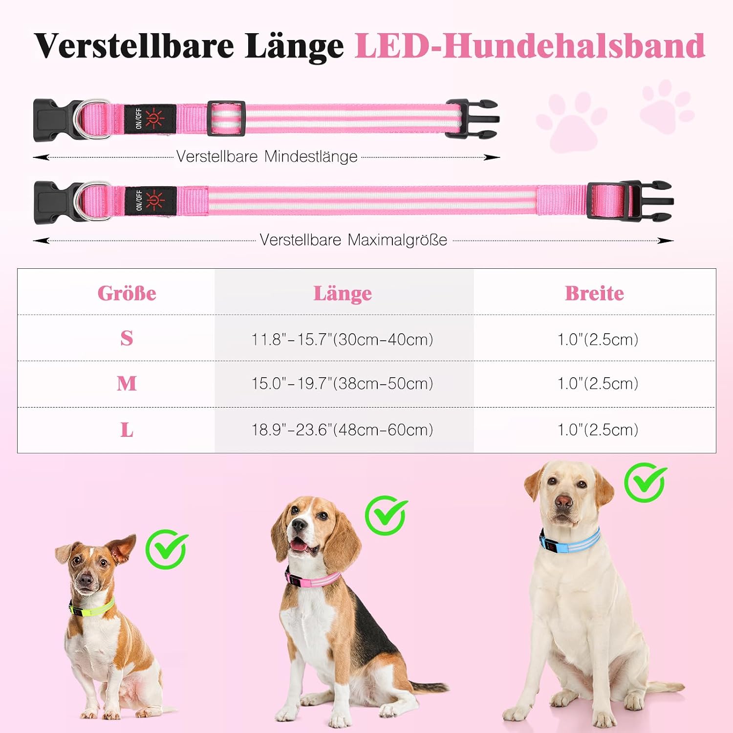 Detalle de Weesiber Leuchthalsband Hund LED, aufladbar, M