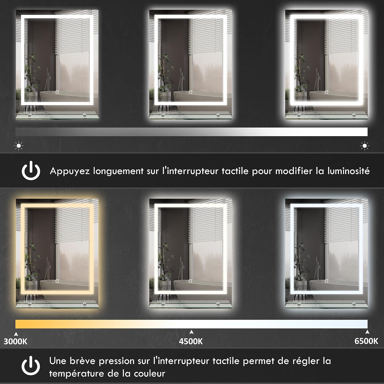 Thumbnail 3 de kleankin Miroir Lumineux LED rectangulaire avec étagère – 70 × 50 cm, anti-buée, interrupteur tactile