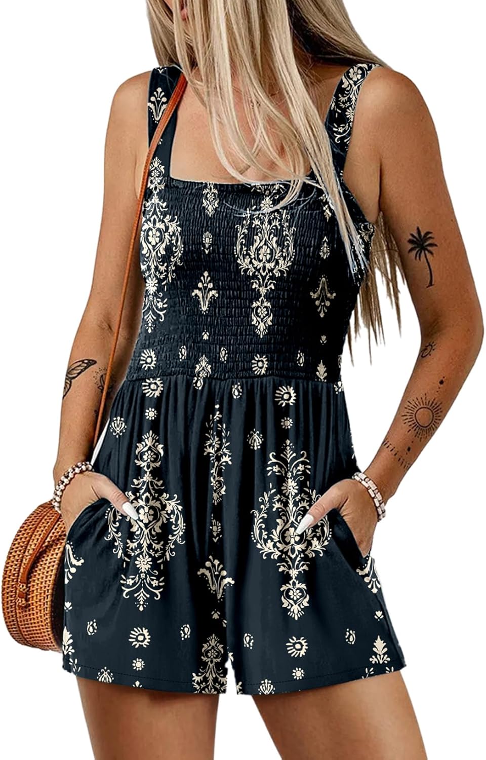 Detalle de Dokotoo Women's Summer Casual Smocked Rompers Jumpsuit – Square Neck, Sleeveless, Loose Fit