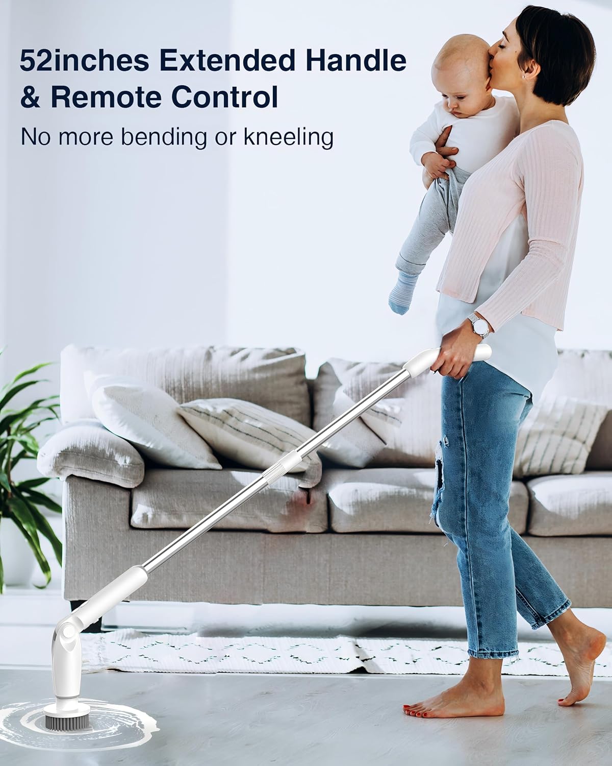 Detalle de Leebein Electric Spin Scrubber (YMG-820) with long handle, remote control and 8 replaceable brush heads