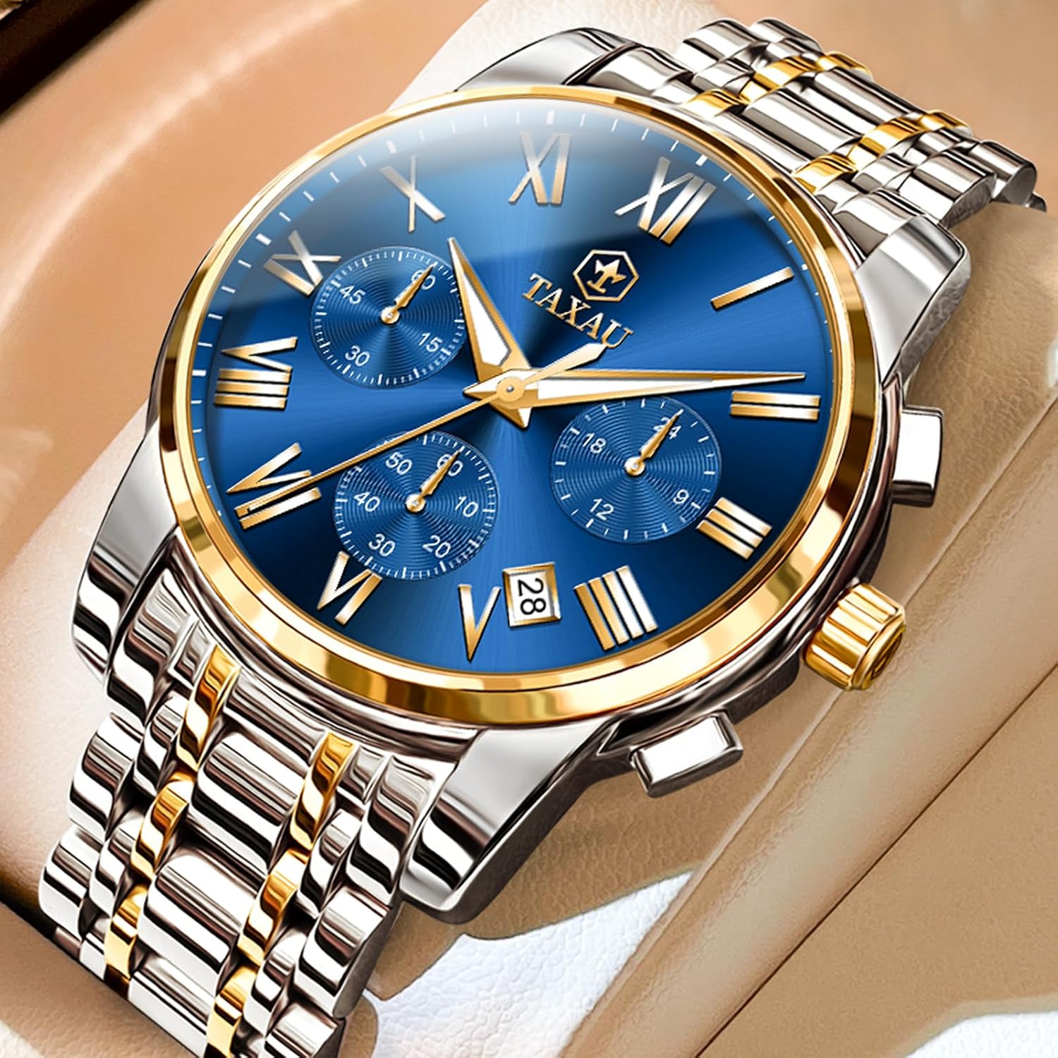 Thumbnail 5 de Taxau Multifunktionsuhr für Männer aus Edelstahl mit Chronograph, römischem Zifferblatt und Datum