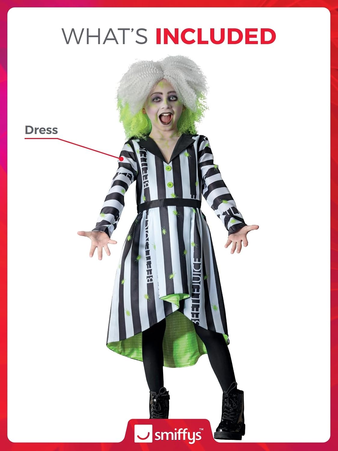 Detalle 2 de Smiffys Beetlejuice Kinderkostüm – Offiziell lizenziertes Beetlejuice Stipe Kleid (Alter 4–6 Jahre)