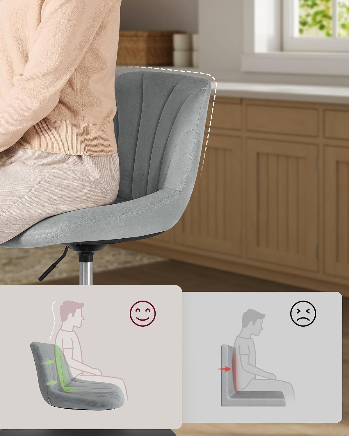 Detalle 2 de VASAGLE Dressing Table Chair: Dove Grey Velvet Swivel Stool