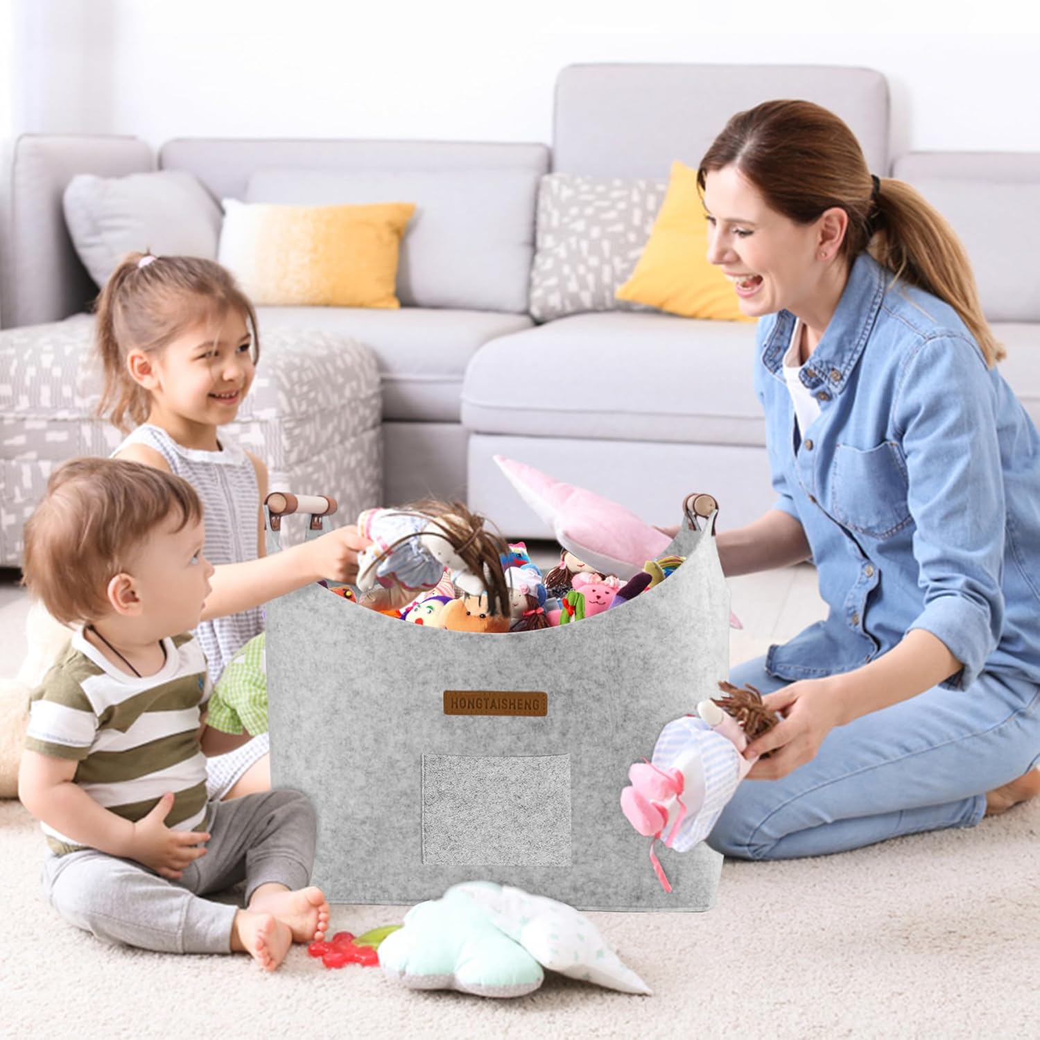 Detalle de XL Log Baskets felt Bag with extra thick felt and reinforced handles (Misty Grey)