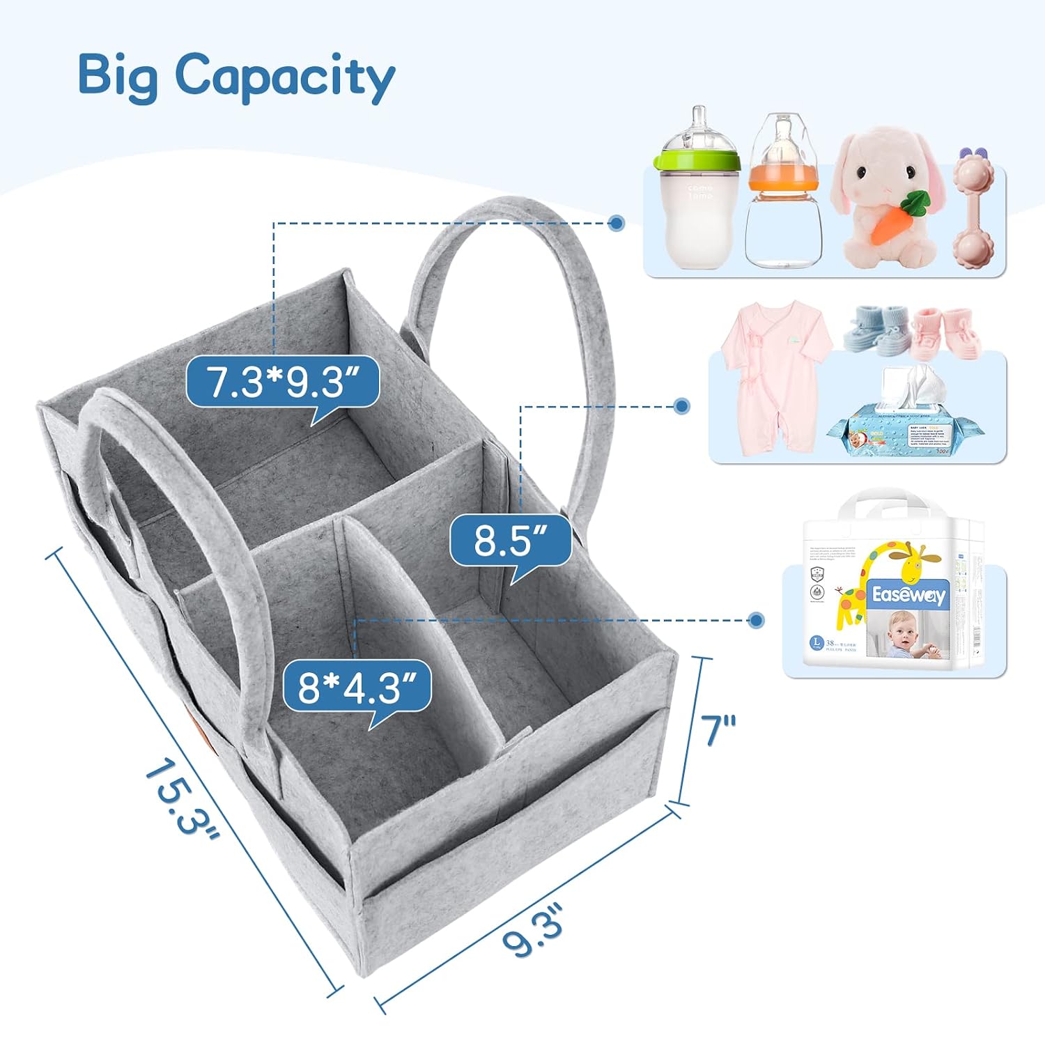Detalle 2 de Maliton Large Felt Diaper Caddy, Gray, with Removable Divider and 8 Pockets