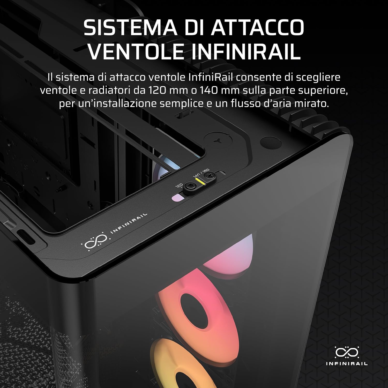 Detalle de CORSAIR FRAME 4500X RS-R ARGB Mid-Tower con vetro panoramico e sistema InfiniRail, 3 ventole RS120R incluse