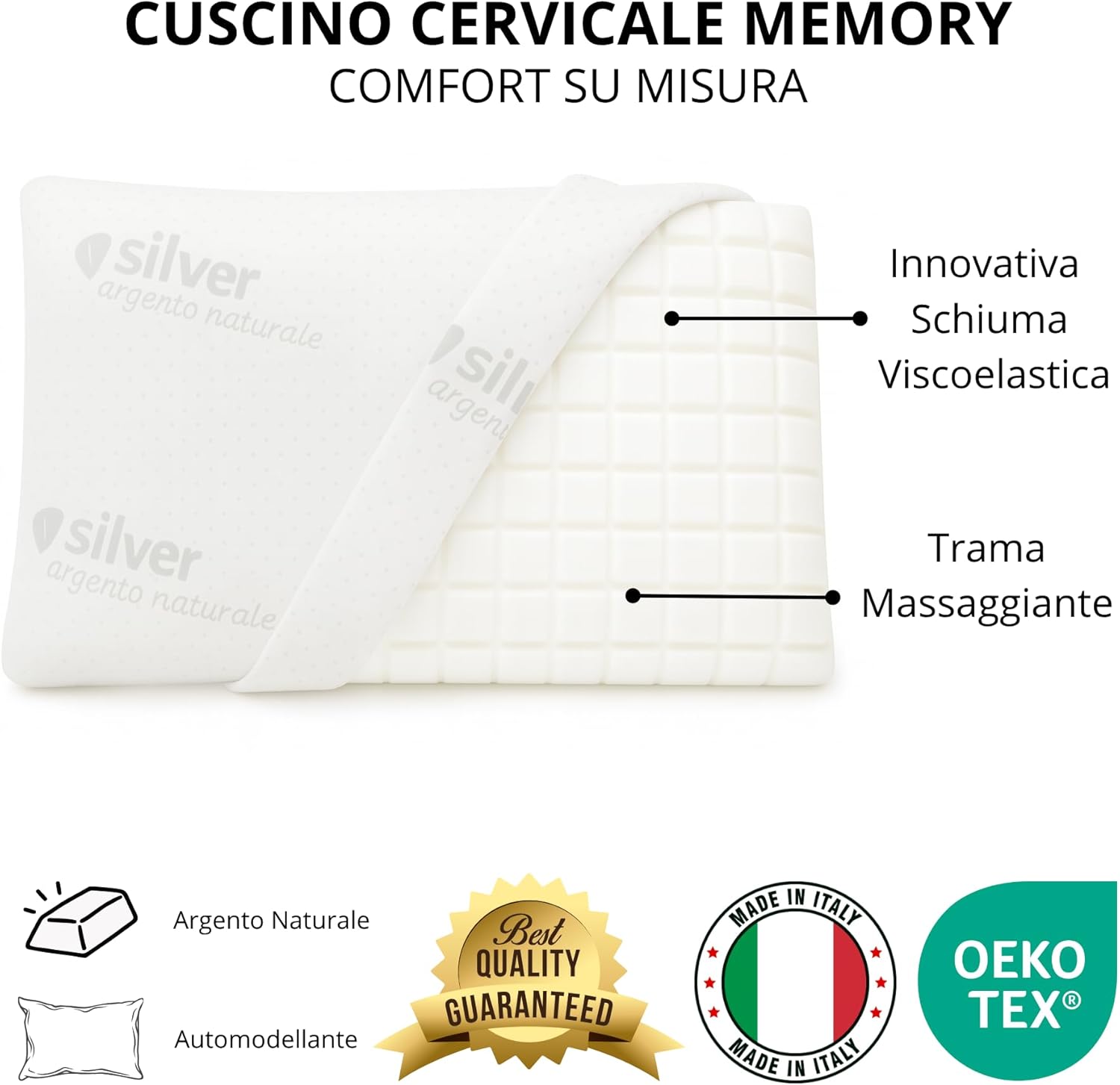 Detalle de The Double Twenty Cuscino Antirussamento in Memory Foam – Sostegno Ergonomico alto 18 cm con fodera in argento naturale