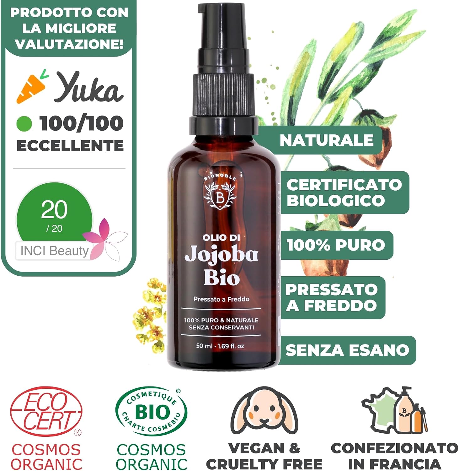 Detalle de BIONOBLE Olio di Jojoba Puro Biologico 100% - 50 ml pressato a freddo, multiposizione per pelle, capelli e corpo