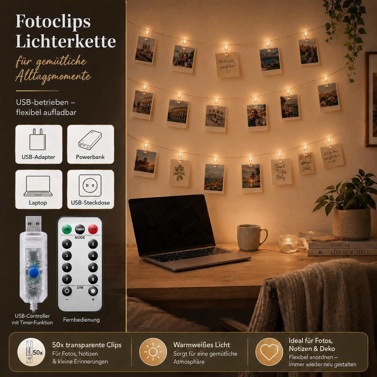 Detalle de Microwear Garland lichtslinger met fotoclips, 10 m, 100 warmwitte leds