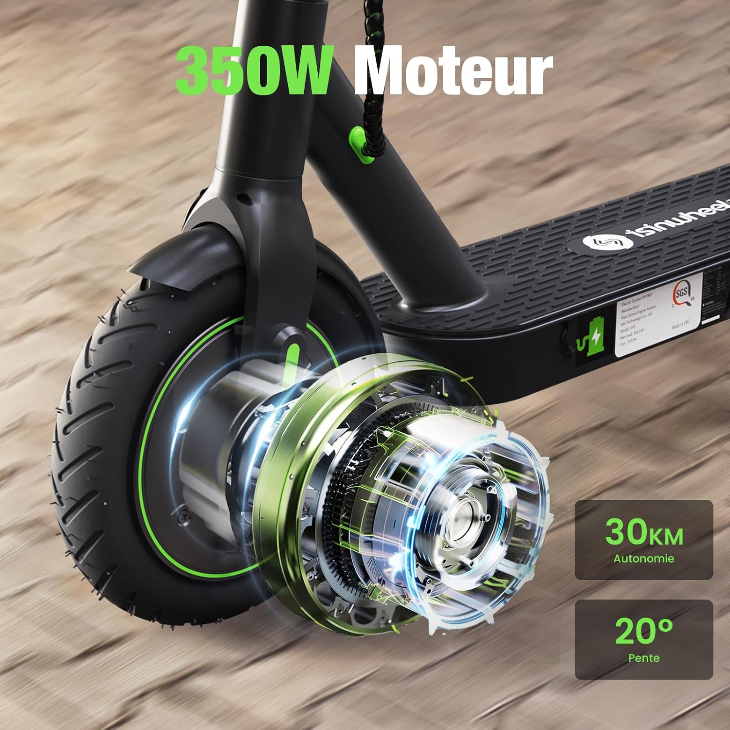 Detalle de isinwheel S9Pro trottinette électrique adulte pliable 350W, autonomie annoncée 30 km
