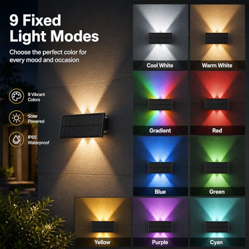 Detalle de Bigzom Solar Exterior Arriba y Abajo — Pack de 4 Lámparas Solares de Pared con 4 LEDs, IP65, Luz Multicolor