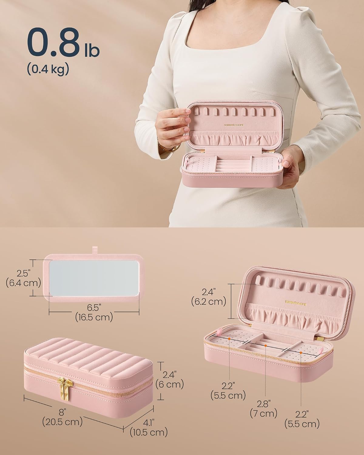 Detalle de SONGMICS HOME ANAH Collection Travel Jewellery Case (JBC180S01) with Mirror, 10.5 x 20.5 x 6 cm