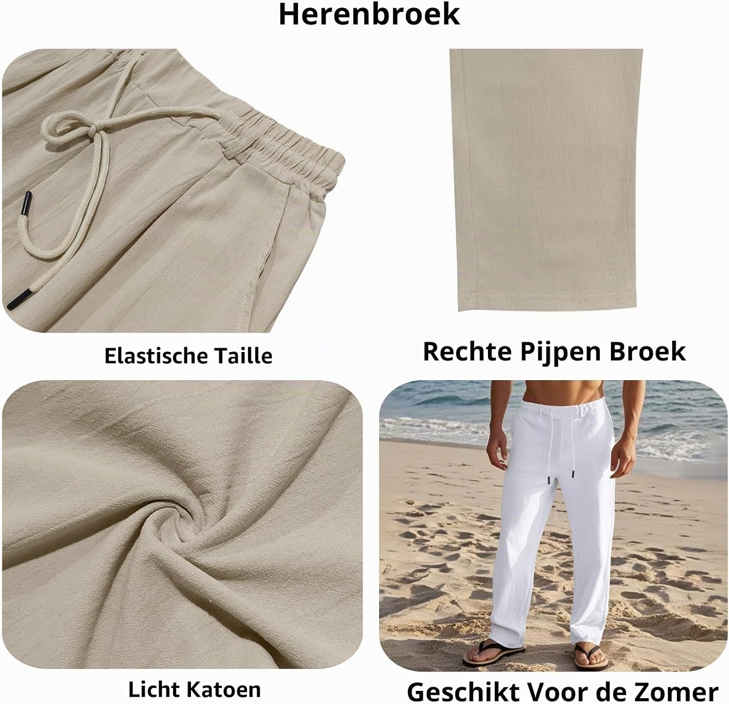 Detalle 2 de LAOARA heren zomerbroek van katoen en linnen, lichtgewicht, M-2XL