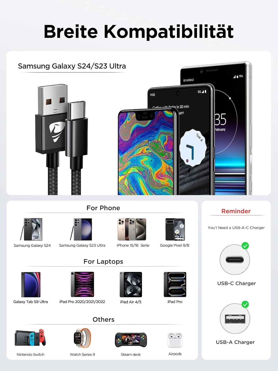 Thumbnail 3 de USB C Kabel 2m 3.1A Schnellladekabel