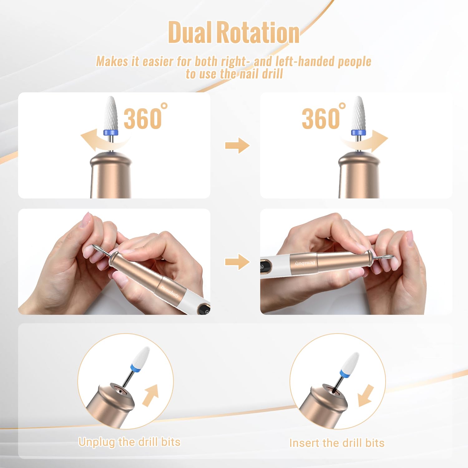 Detalle 2 de Denabuty DN-2502Y Nagelfräser kabellos 12-in-1 mit USB-Akku und 5 Geschwindigkeiten