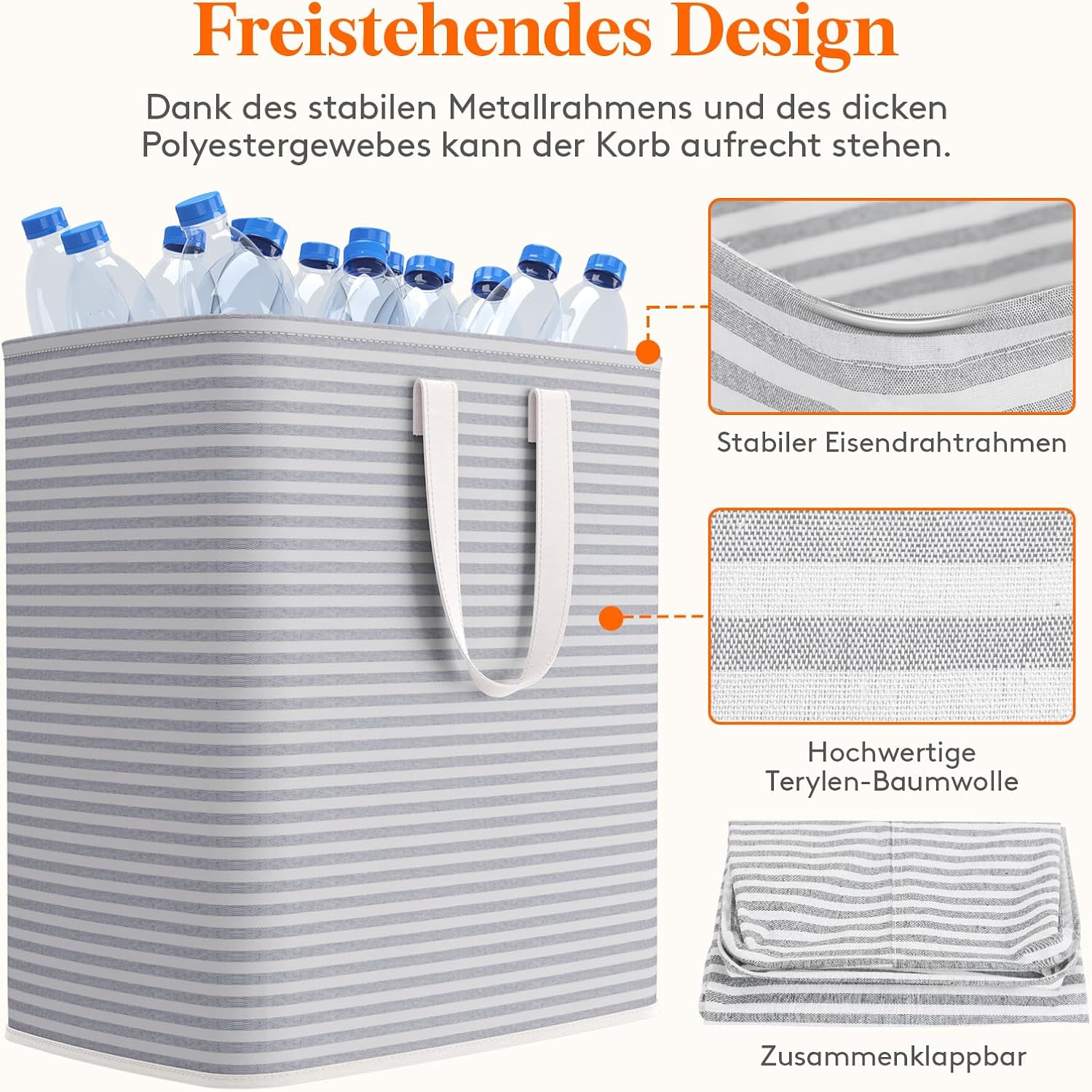 Detalle de Lifewit 100L Wäschekorb (faltbare Wäschebox) mit Griffen, wasserdichter Innenbeschichtung, grau