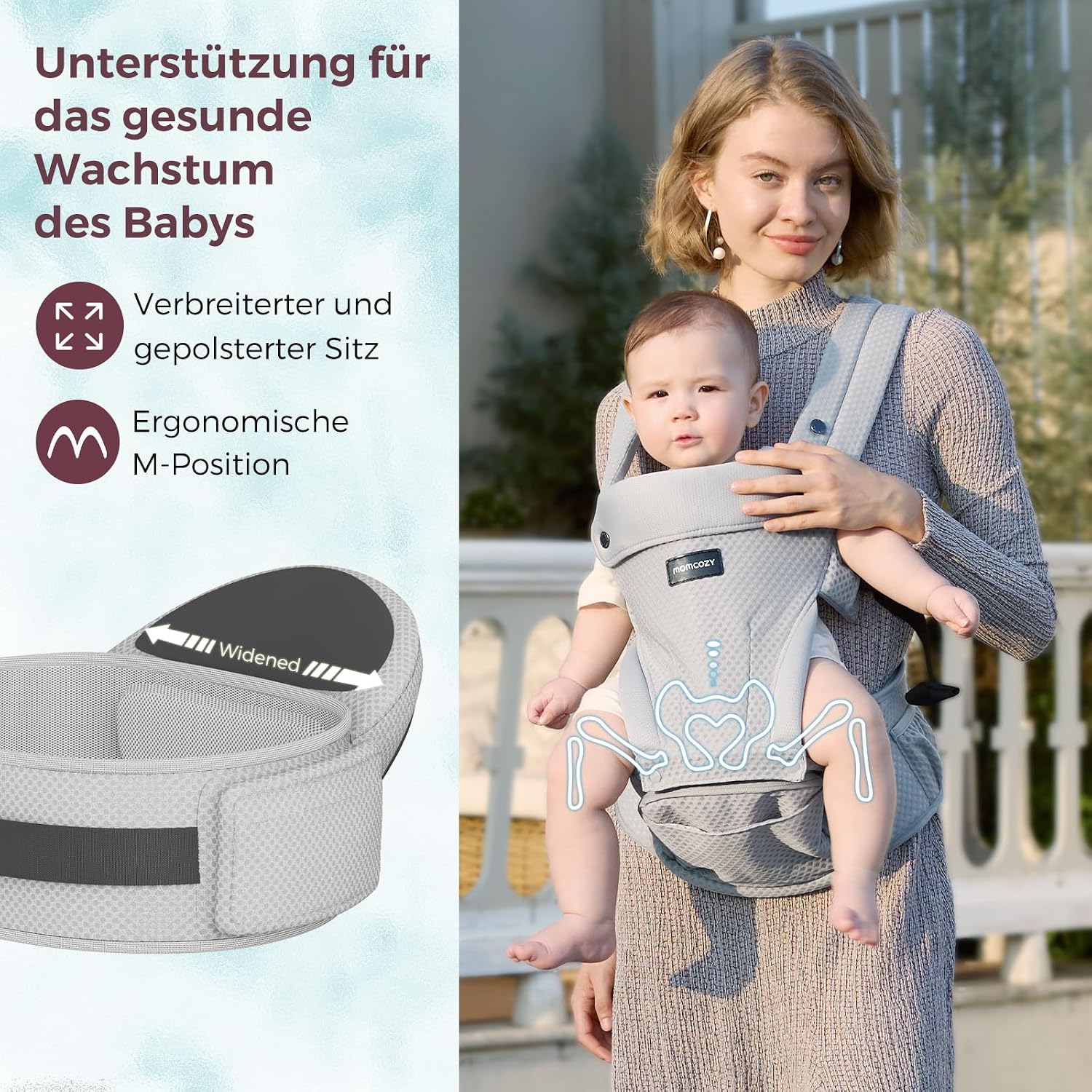 Thumbnail 5 de Momcozy Babytrage mit Hüftkissen 2-in-1 – Grau, bis 20 kg, 6 Tragepositionen
