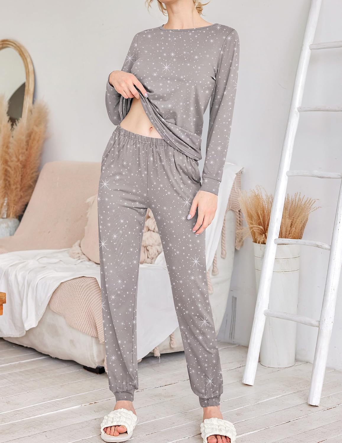 Detalle 2 de Ekouaer Women's 2-Pack Pajama Sets with Long-Sleeve Tops and Joggers