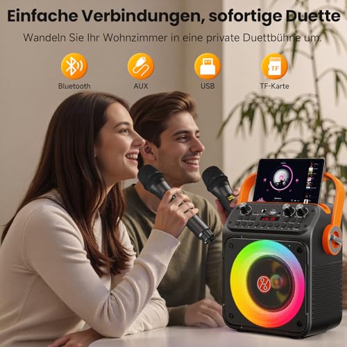 Thumbnail 2 de HWWR Karaoke Anlage mit 2 Mikrofonen – 80 W Bluetooth Box mit 6,5 Zoll Subwoofer, RGB-Beleuchtung und Akku (bis 12 h) für Familienfeiern