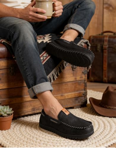 Detalle de VeraCosy Men's Moccasin Slippers Memory Foam House Shoes – Bold Black, 9 UK