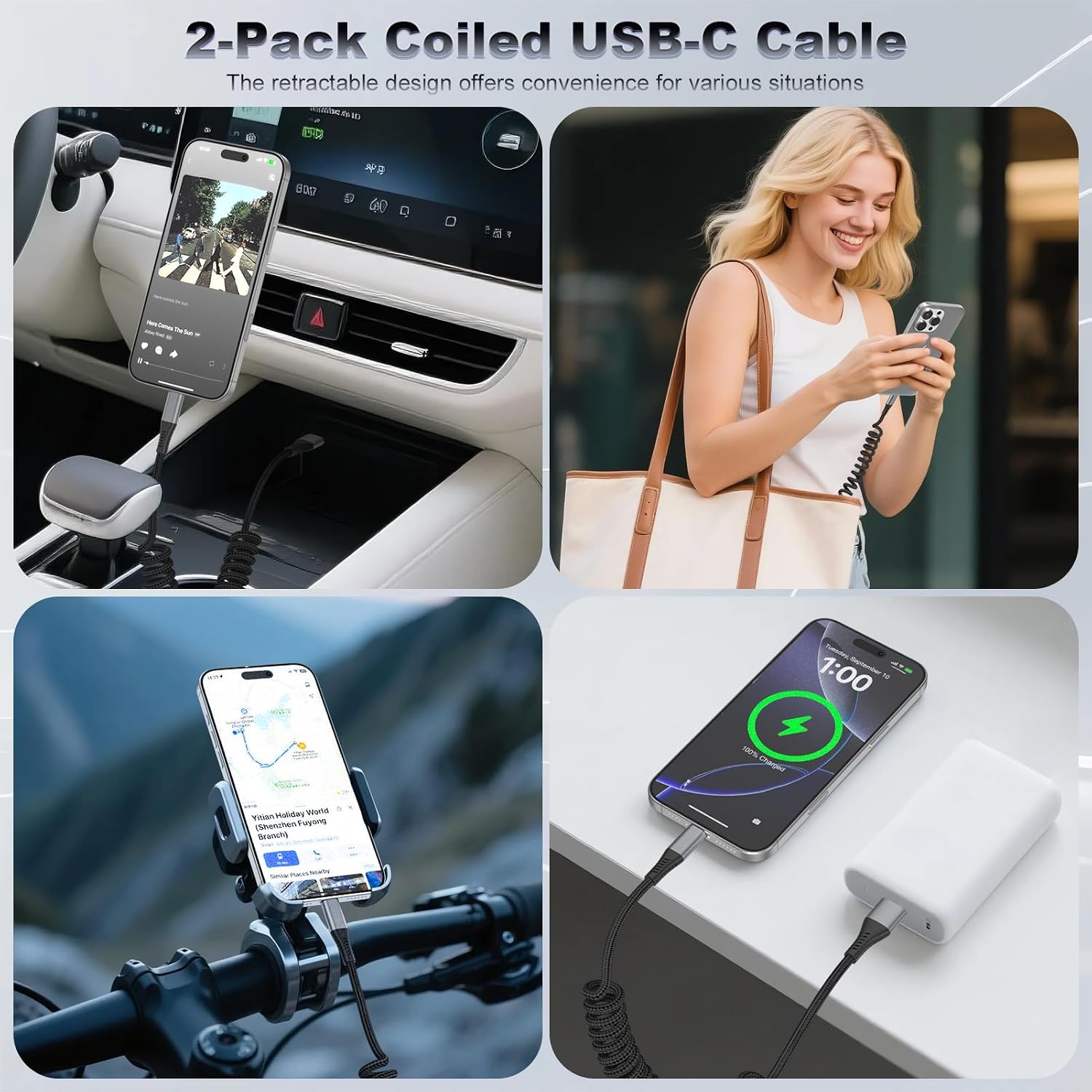 Thumbnail 6 de FOXSEA 2-Pack Coiled USB-C Cable for iPhone 17/16/15 All Series – 1ft to 3.28ft, USB-A to USB-C, Braided Fast Charging Cord