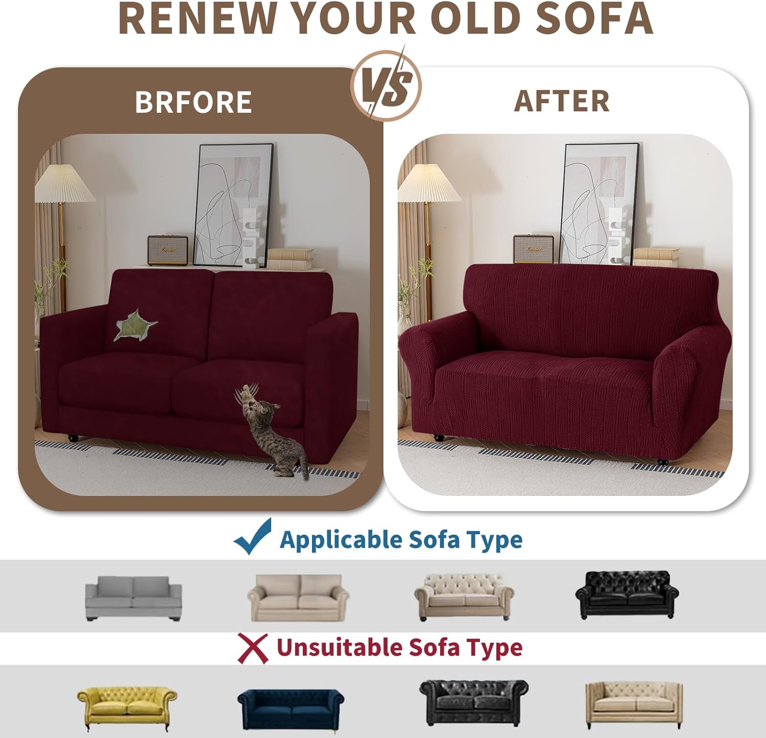 Thumbnail 5 de Ystyle Housse de canapé 2 places extensible bordeaux (139-175 cm) avec accoudoirs, antidérapante et lavable