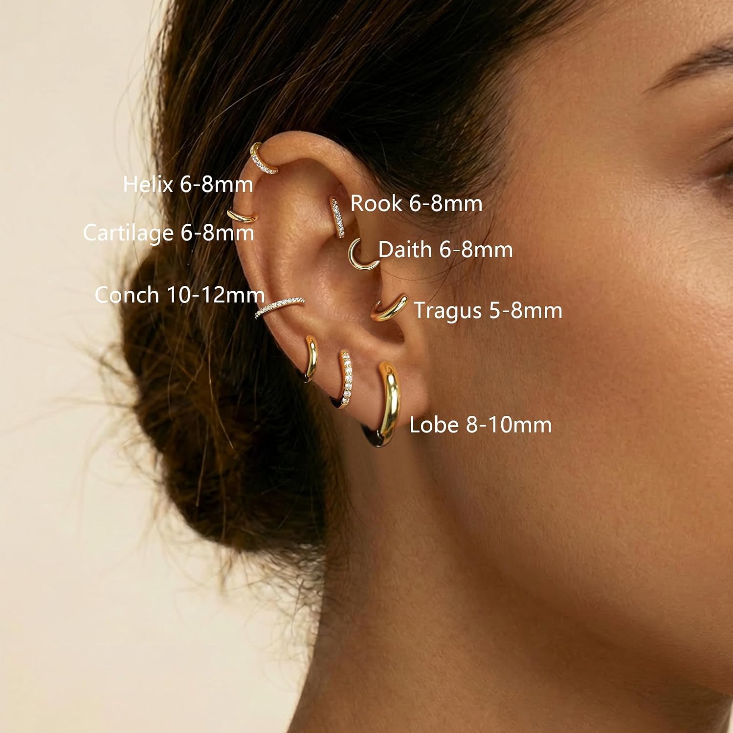 Detalle de ATTILA 4 Pairs 14K Gold Plated Hoop Earrings for Women – 8/8/10/12 mm, 925 Silver Posts
