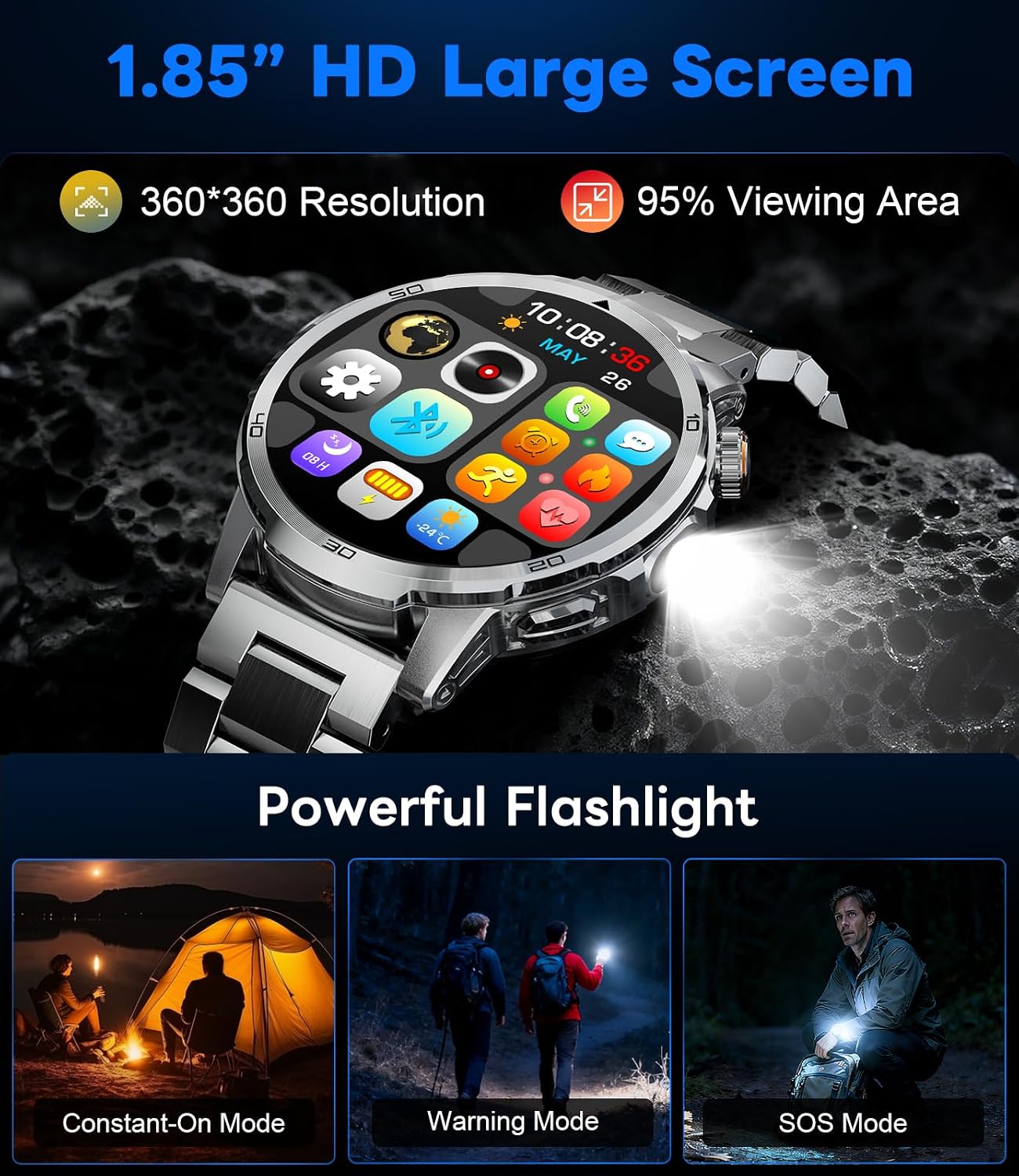 Detalle de Montre connectée homme 1,85" avec appels Bluetooth, cardio et sommeil, étanchéité IP68, torche LED 1000 mAh