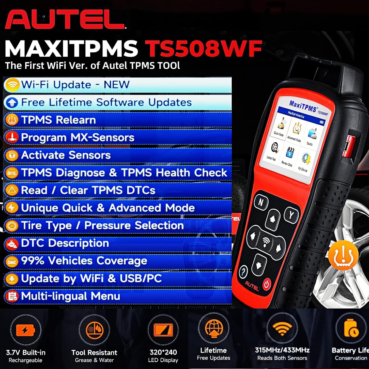 Thumbnail 1 de Autel MaxiTPMS TS508WF TPMS Relearn Tool: Dual-Mode Relearn, Autel MX-Sensor Programming, Free Lifetime Updates