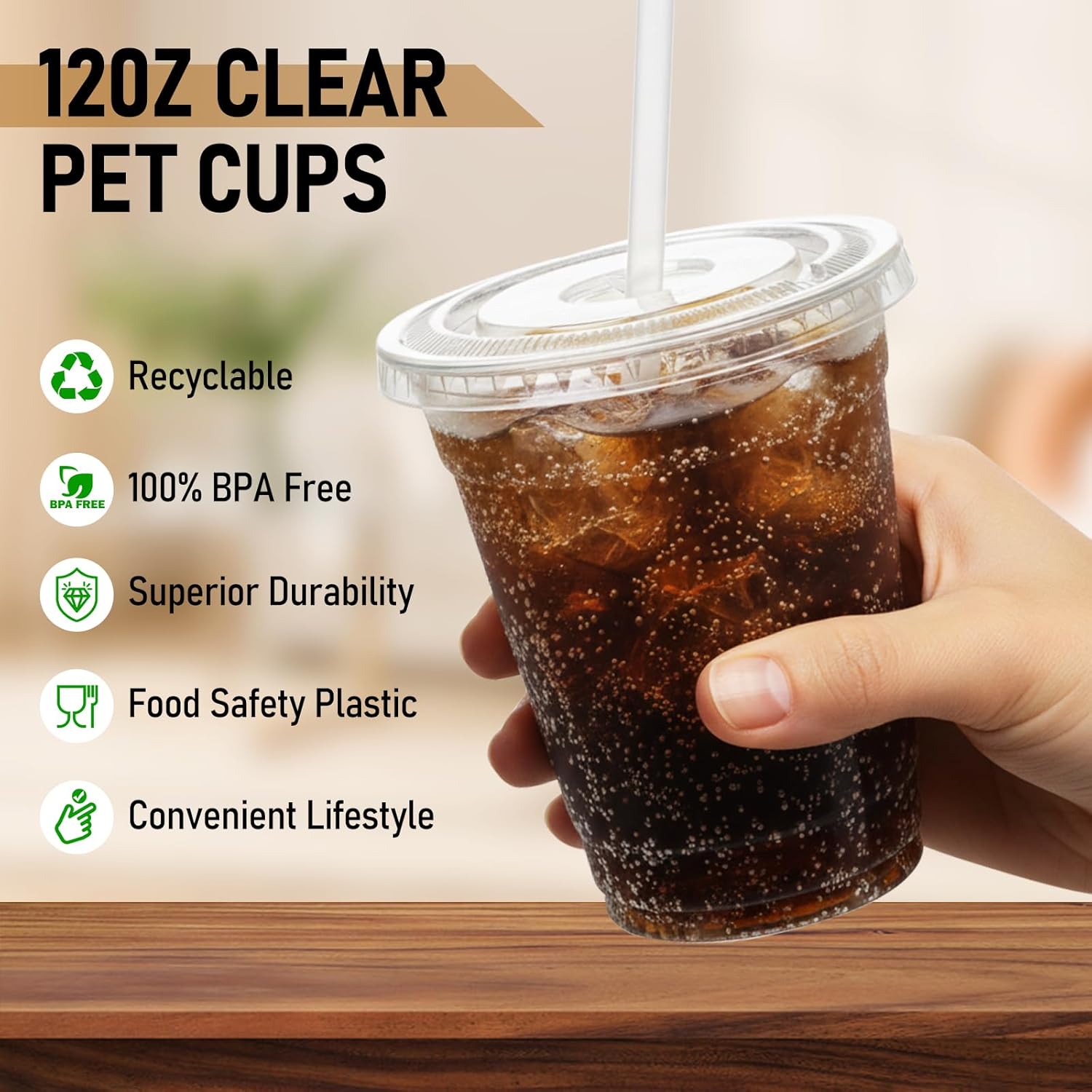Detalle de HEYRSUN 12 oz Clear Plastic Cups with Flat Lids and Straws, 100 Sets