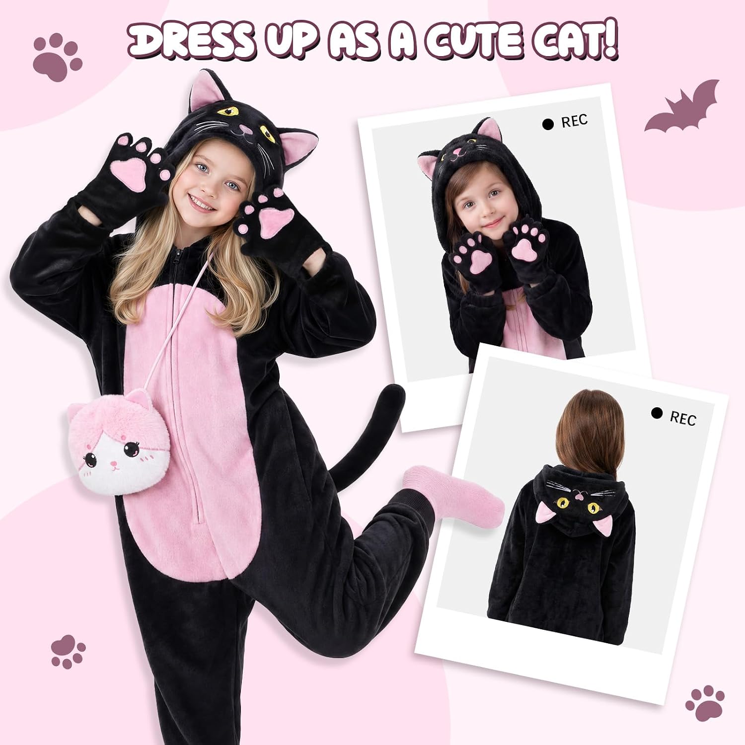 Detalle de Joycover Black Cat Costume for Girls, Flannel Onesie with Hood, Tail & Purse