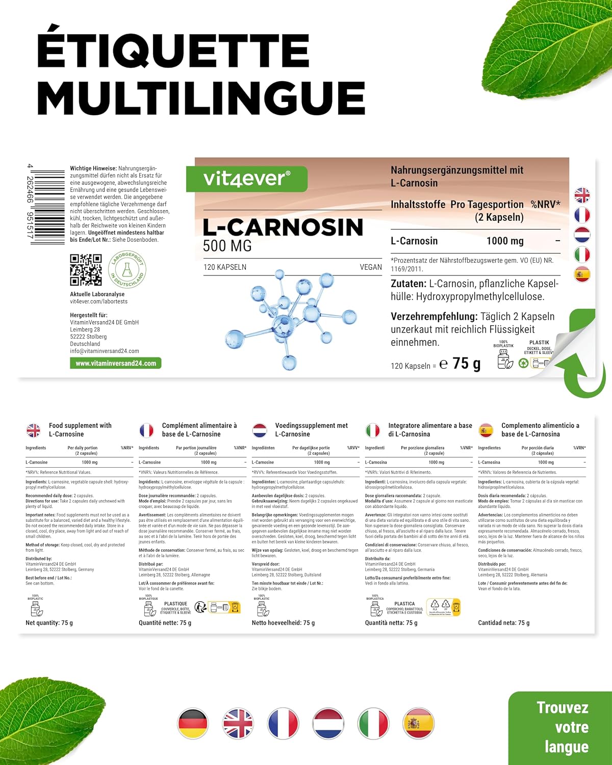 Thumbnail 5 de L-Carnosine 120 capsules - 1000 mg par jour