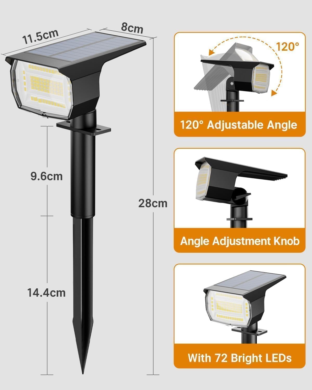 Thumbnail 6 de btfarm set da 4 faretti solari LED da esterno 72 LED, 3 livelli, IP65 (bianco caldo 3000K)
