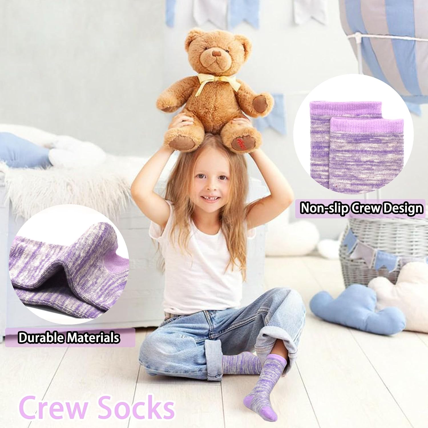 Detalle de Girls’ Cotton Trainer Socks (6 Pairs) – Soft Mid-Calf Sports Socks for Kids 1–13 Years
