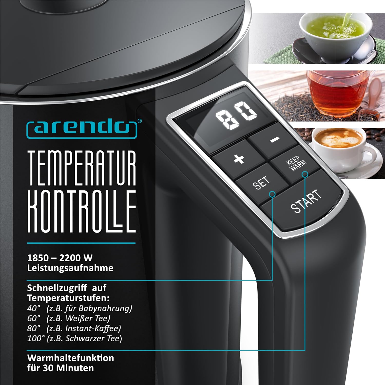 Detalle de arendo ELEGANT Wasserkocher 1,5 l mit 40–100 °C