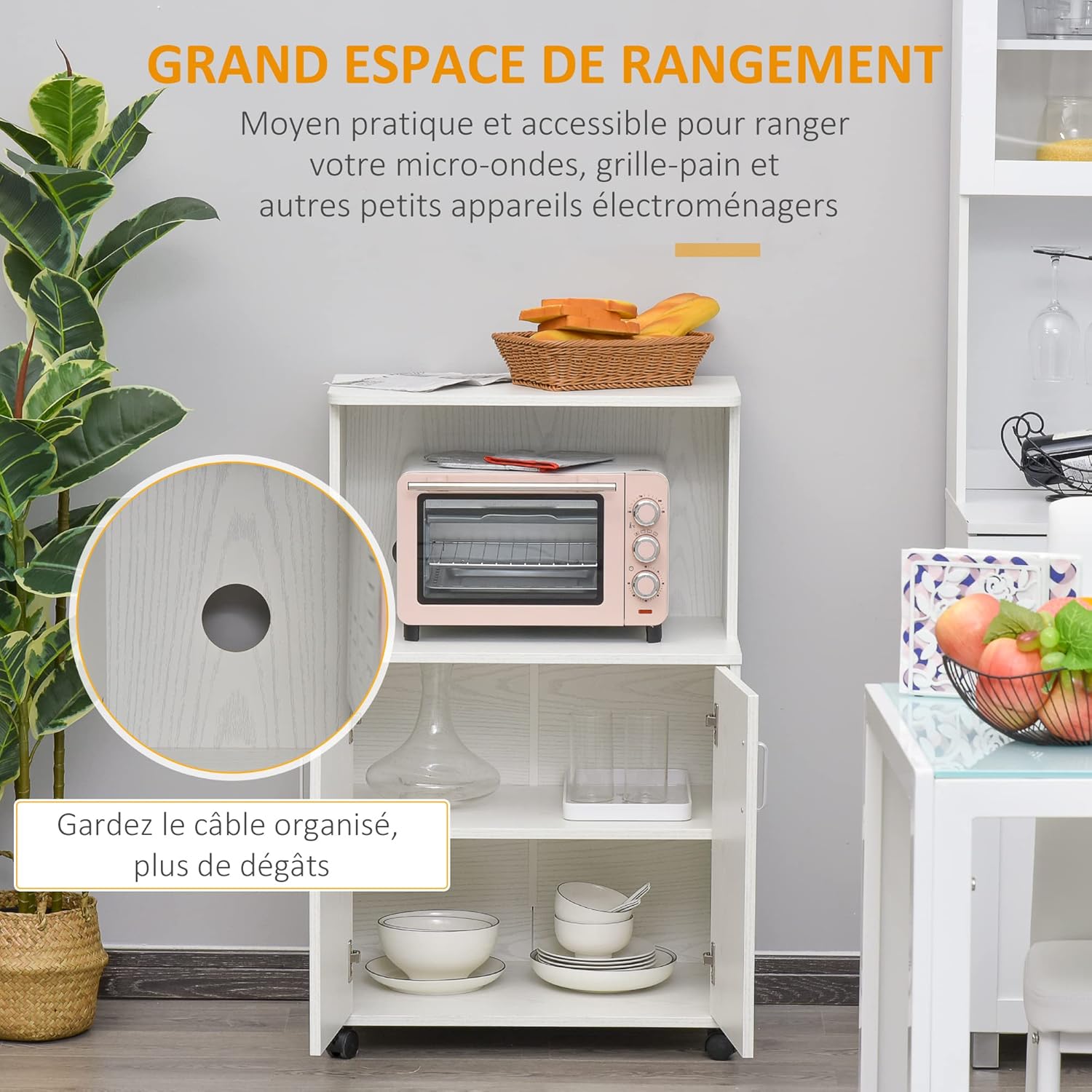 Detalle de HOMCOM Chariot desserte Micro-Ondes Placard 2 Portes, blanc – 60,4 L x 40,3 l x 97 H cm
